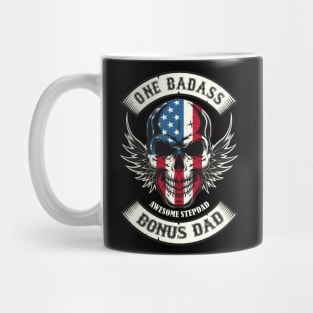 One Badass Awesome Stepdad Bonus Dad American Flag Skull Patriotic Motorcycle Fathers Day Birthday Mug